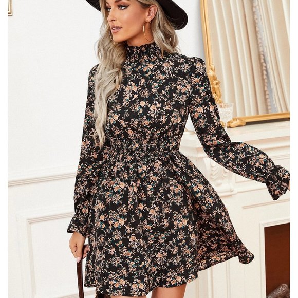 NEW! Floral Print Flounce Long Sleeve Shirred Waist Dress - Picture 4 of 4